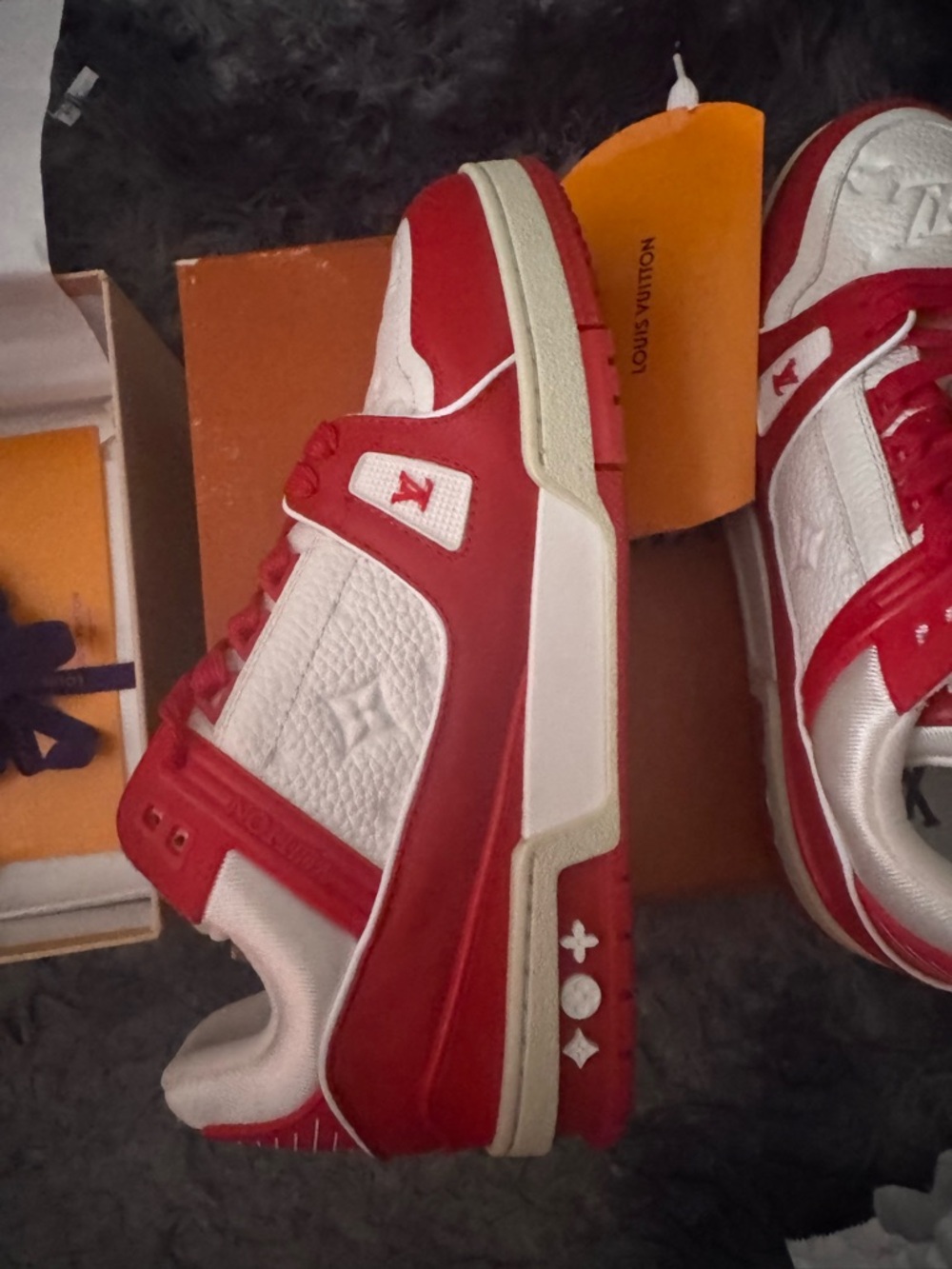 Louis Vuitton Kids Red and White Low-Top Sneakers with Monogram Detail